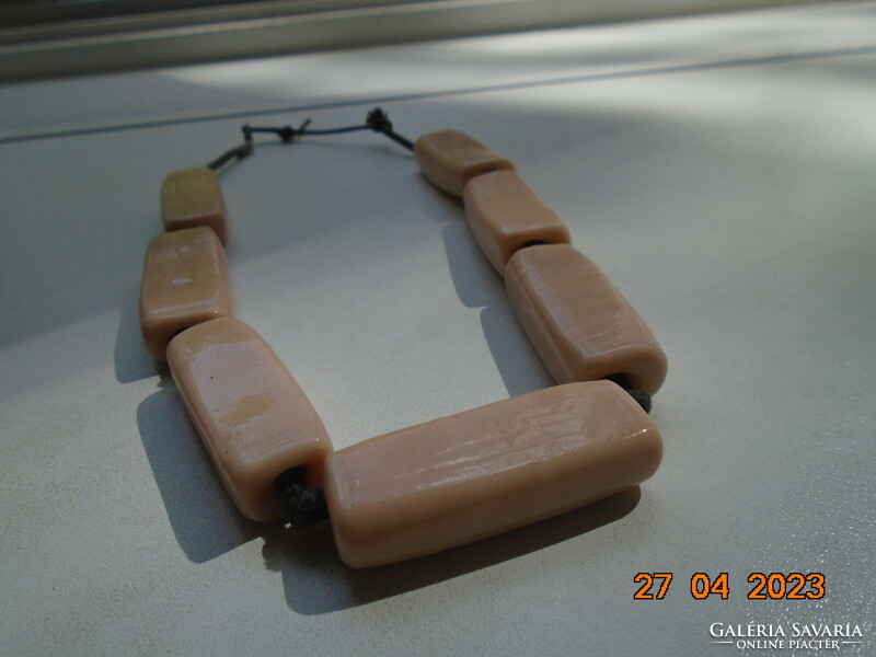 Art deco handmade beige-pink opal glass 7 large rectangular tubes of pearl necklaces