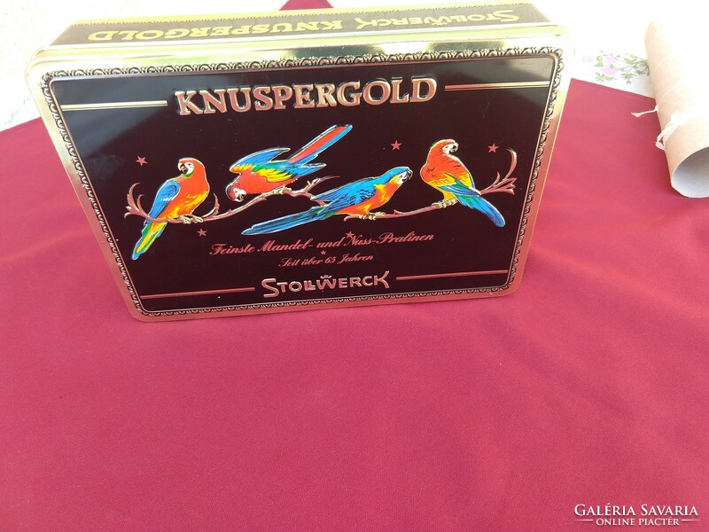 Ara papagájokkal diszített, szép  csokis  fém doboz,,Stollwerk,,,24 x 16 x 6 cm..