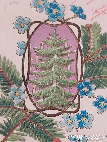 Régi karácsonyi képeslap dombornyomott levelezőlap karácsonyfa nefelejcs