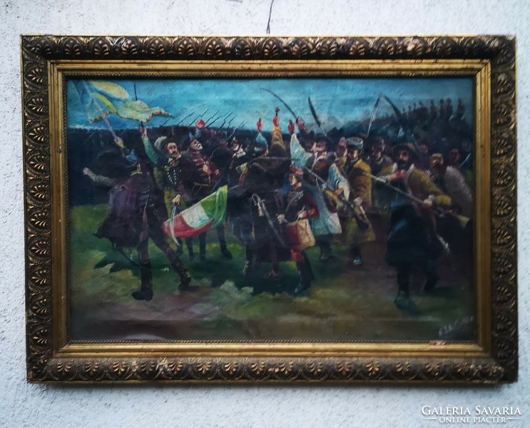 Antique battle scene painting, hussars in the background, foot attack in front. With Hungarian flag