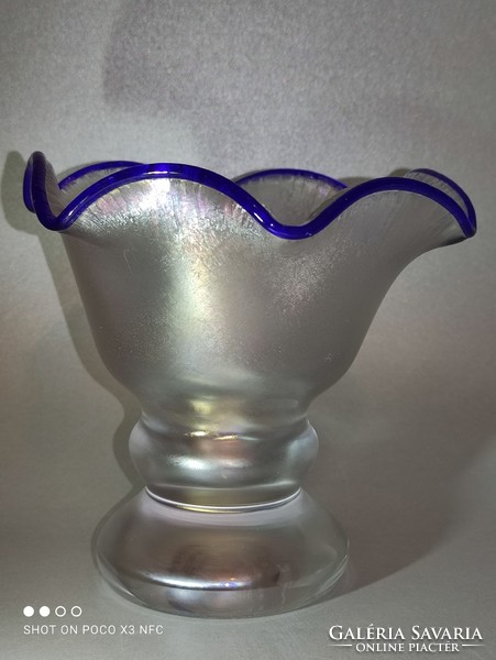 Frilled mouth, thick-walled, iridescent, marked Eisch blue-rimmed glass serving candy
