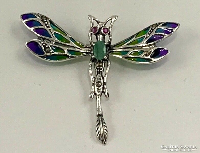 Dragonfly brooch, emerald-ruby sterling silver 925 - new handcrafted jewelry!