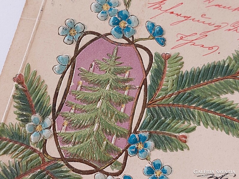 Régi karácsonyi képeslap dombornyomott levelezőlap karácsonyfa nefelejcs