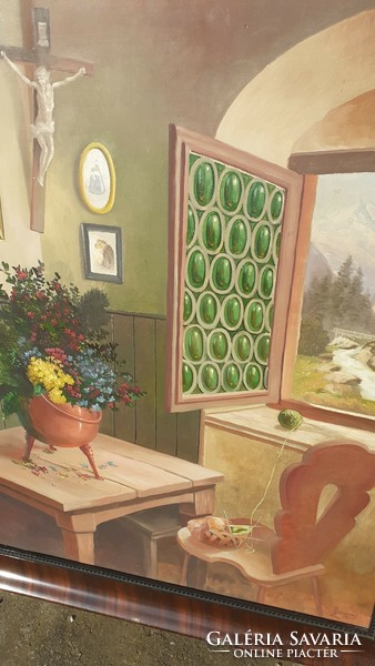 Interior room interior alpine landscape oil-wood painting