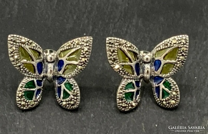 Beautiful butterfly earring with marcasite and fire enamel - yellow, silver /925/ --new