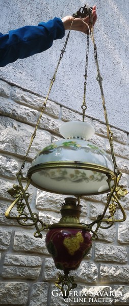 Antik szecessziós majolika lámpa, Csillár villanyosítva festett búra