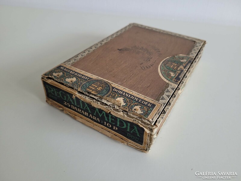 Old tobacconist's wooden box cigarette box with Hungarian royal coat of arms cigar storage with label