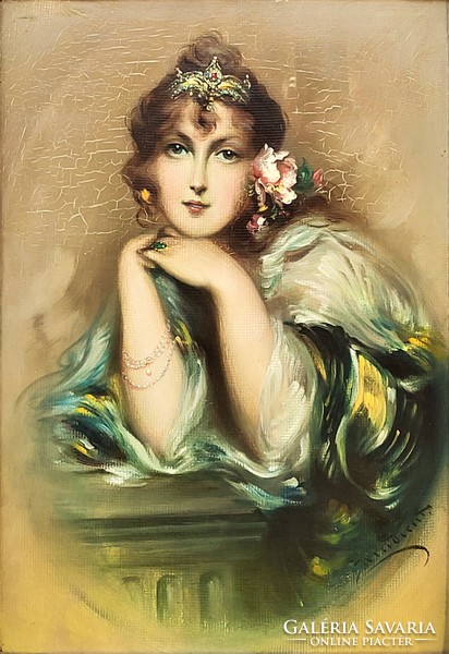 Innocent Ferenc (1859-1934) Bájos ifjú Hölgy c. festménye 75x60cm Eredeti Garanciával!