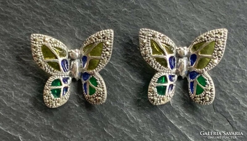 Beautiful butterfly earring with marcasite and fire enamel - yellow, silver /925/ --new