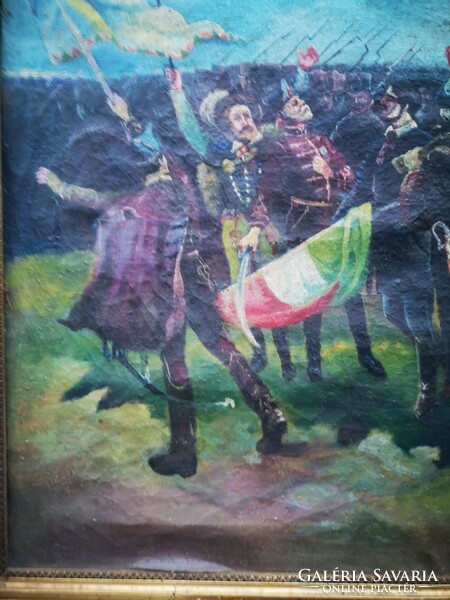 Antique battle scene painting, hussars in the background, foot attack in front. With Hungarian flag
