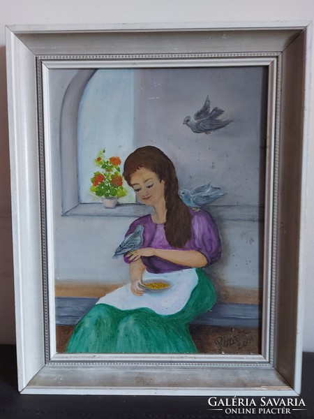 Róza 2001 Szignált festmény - Kislány galambokkal - olaj vagy akril faroston - 499