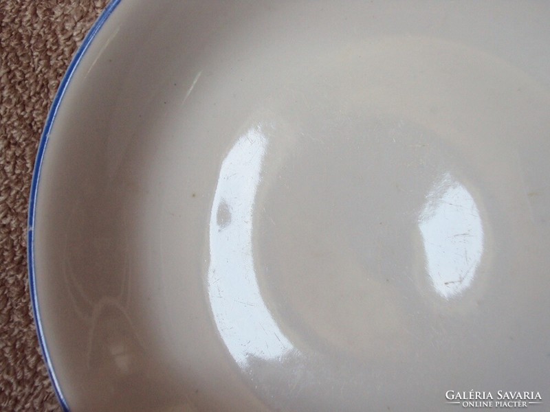 Retro régi mély leveses tányér Pécs jelzéssel Zsolnay, kék szegélyes, üzemi konyha