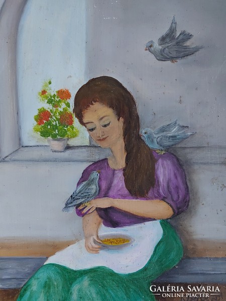 Róza 2001 signed painting - little girl with pigeons - oil or acrylic on wood - 499