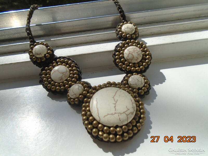 Nepalese tribal leather cord braided necklace with 7 howlite discs and gold pearl pendants