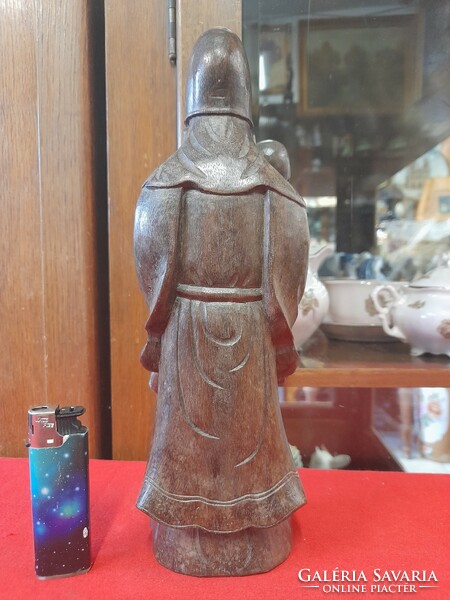 Chinese sage wood carving, hand carved statue. 25.5 Cm.