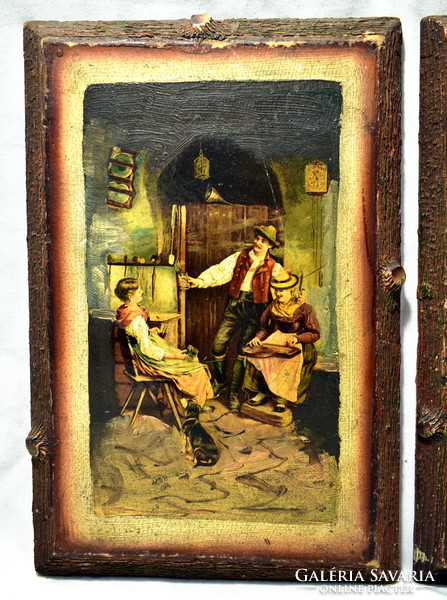 Boastful hunters ... 1900 Around painted chromatolithography wooden framed picture pair !