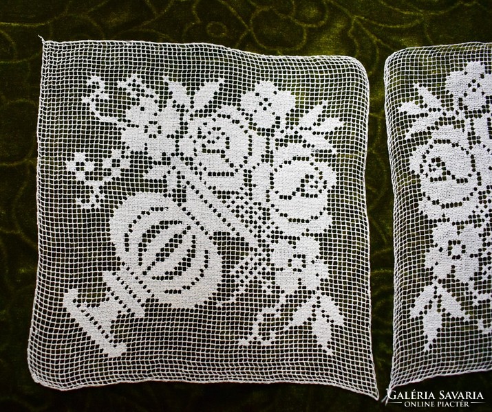 Antique crochet lace flower basket tablecloth curtain decorative pillow picture insert 18 x 17.5 cm x 2 pcs. Par