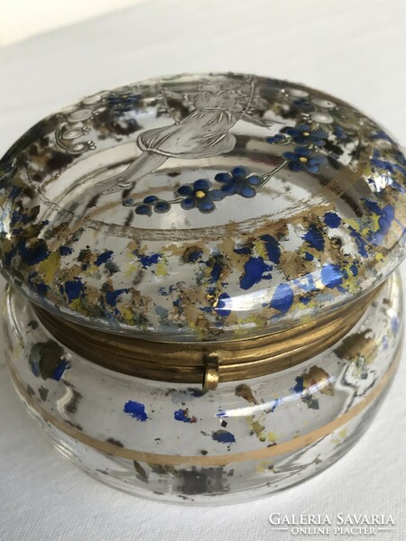 Art Nouveau glass box with a hand-painted lid and a gilded metal egg