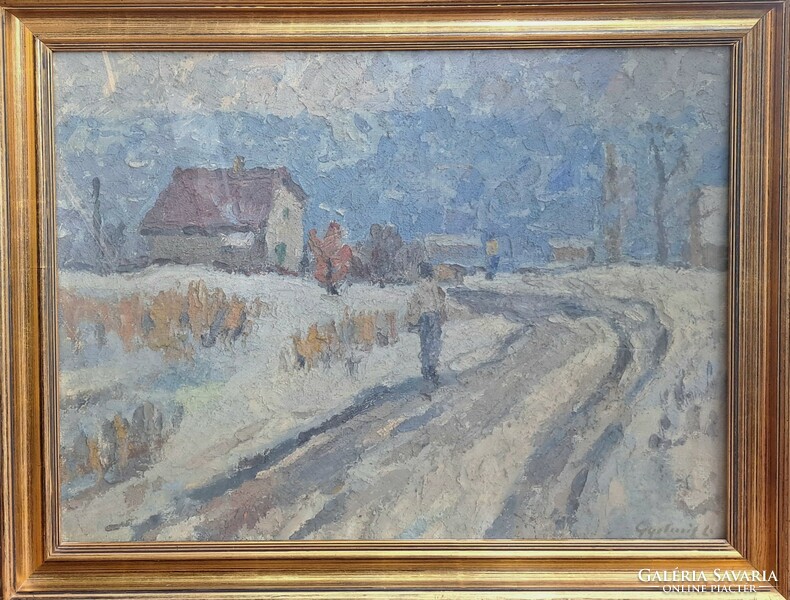 János Gyelmis Lukács (1899-1979): winter landscape - gallery oil painting