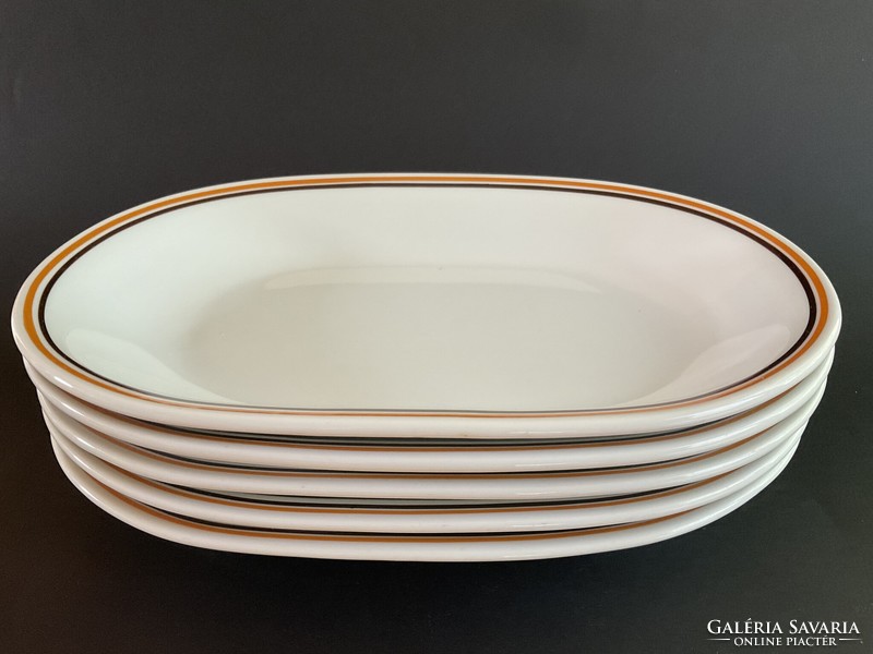 Alföldi 5 sausage serving bowls, oval plates with brown stripes