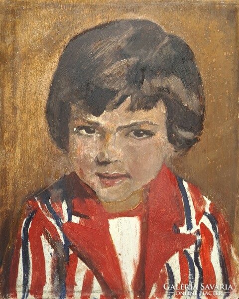 Little boy in striped shirt - oil painting - child portrait (30x37 cm)