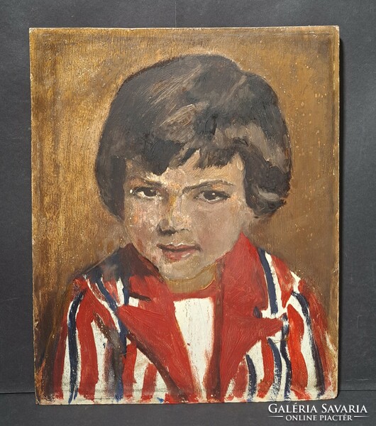 Little boy in striped shirt - oil painting - child portrait (30x37 cm)