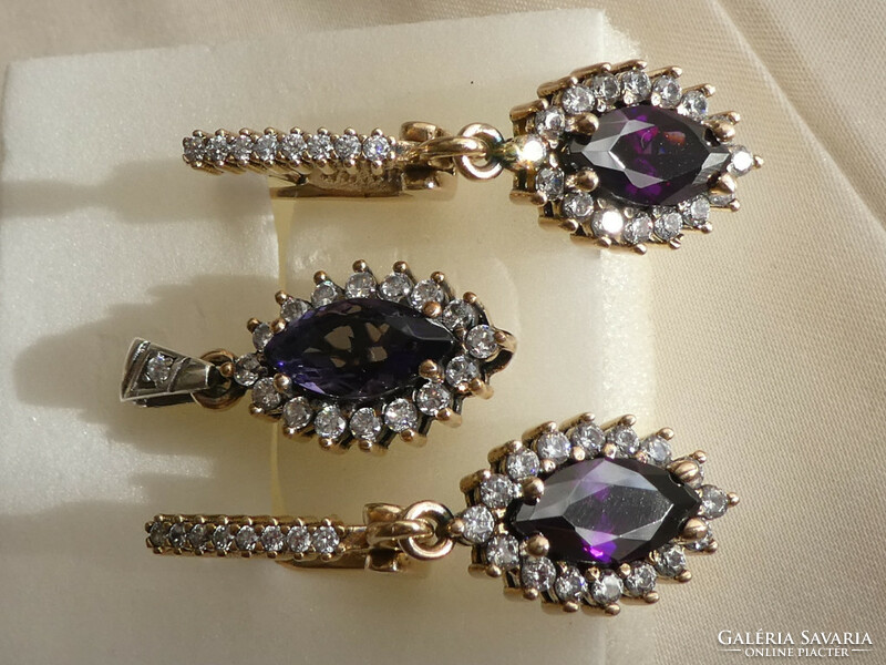 Amethyst stone silver pendant and earrings with bronze coating