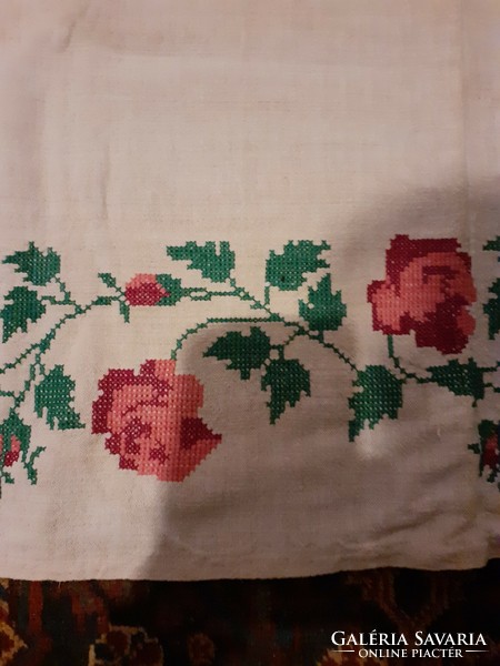 Hand-embroidered home-woven linen tablecloth