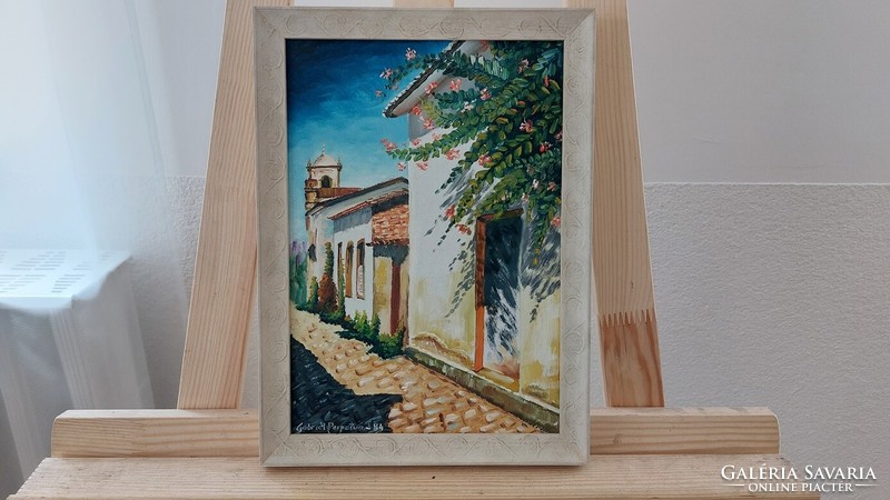 (K) signed cozy street detail painting with 29x22 cm frame