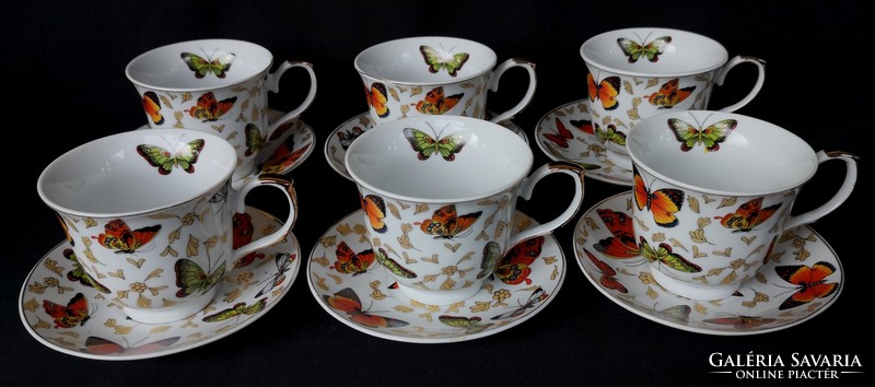 DT/209. Aranyozott, 6 személyes, pillangós finomporcelán teás készlet díszdobozban