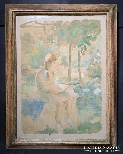 István Csók - reading girl - lithograph