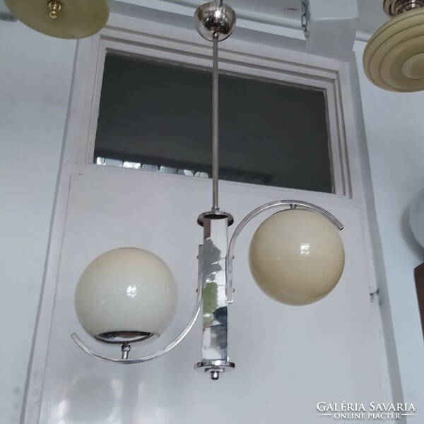 Art deco - bauhaus 2-burner nickel-plated asymmetric chandelier renovated - cream-colored spherical shades