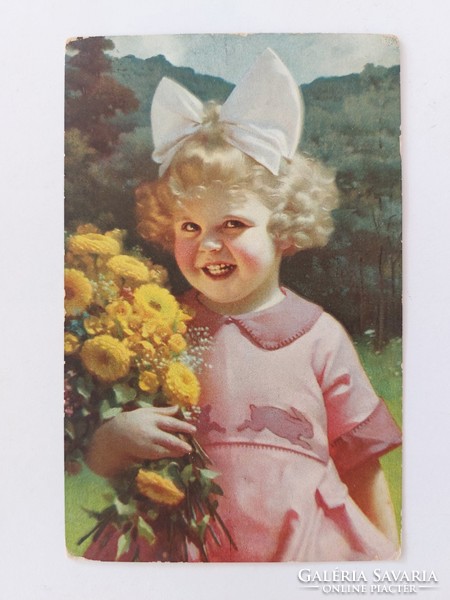 Old postcard 1938 photo postcard little girl with flowers