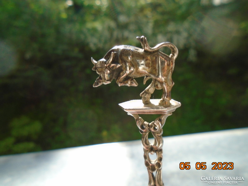 Unique goldsmith's figural miniature bull on a zodiac pedestal, silver decorative spoon