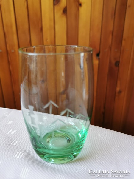 6 db uránzöld színű boros pohár készlet, metszett mintás hibátlan
