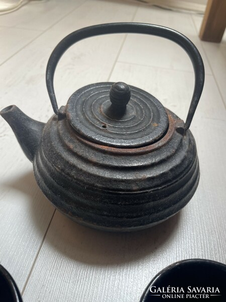Antique Japanese tetsubin cast iron teapot tea set
