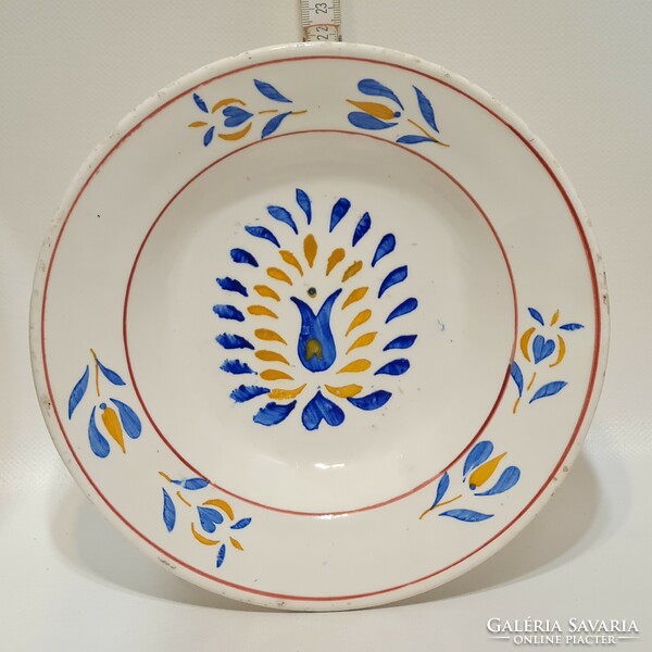 Hollóháza blue and yellow flower pattern hard ceramic wall plate (2614)