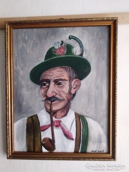 Laszlo Szabo. An old man smoking a pipe from Tyrol. Oil painting.