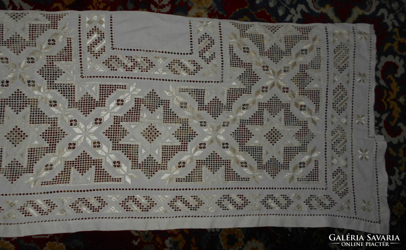 Antique linen-woven commode tablecloth - cut silk thread embroidery 118-110 cm x 48 cm