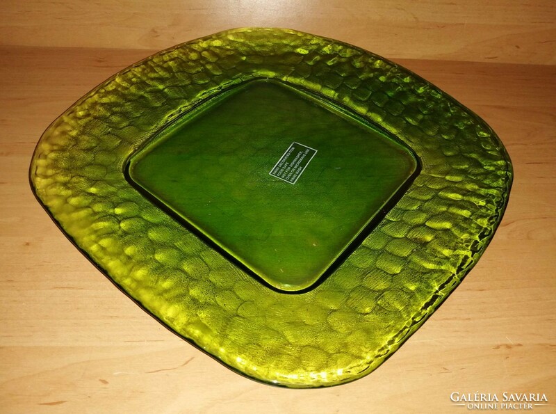 Zöld üveg négyzetes kínáló tál, asztalközép - 32*32 cm (af)