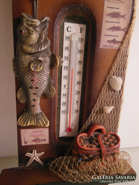 Wall clock - 3 d - 40 x 16 cm - wood - ceramic - key holder - thermometer
