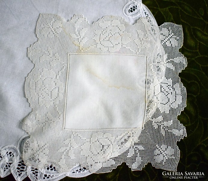 Crochet rose and butterfly pattern lace old decorative handkerchief, napkin 26.5 x 25.5 cm