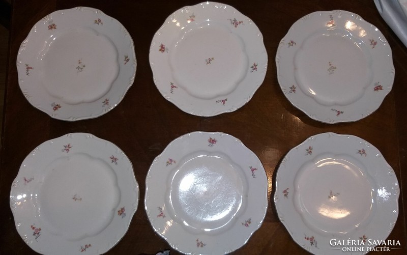 Set of 6 old Zsolnay porcelain gold-edged, flower-patterned flat plates