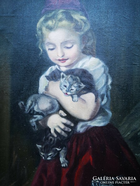 Gyönyörű Cicás festmény kislánnyal, játszadozó cicák.
