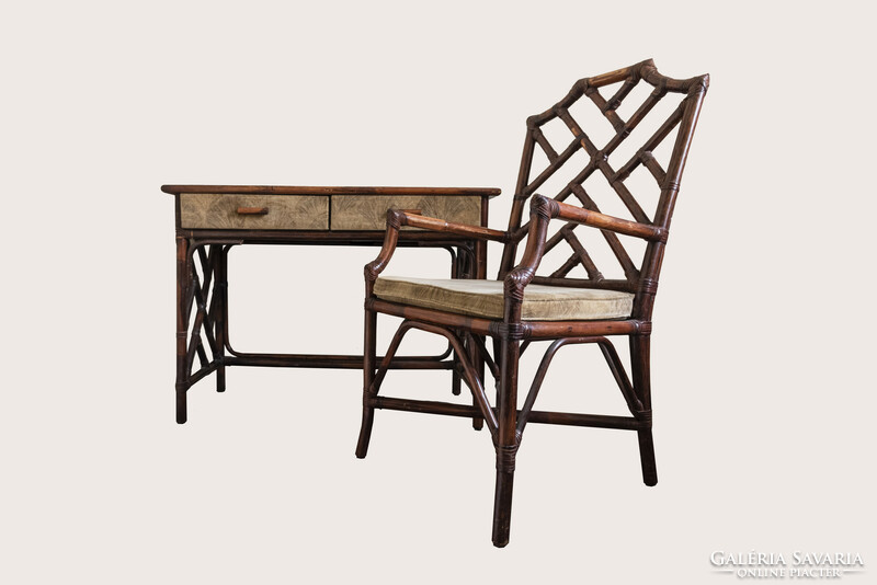 Chinese Chippendale bamboo rattan chair with two-drawer table, 1970s