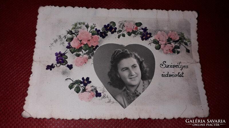 Antik szivecskés virágos Szívélyes üdvözlet fotó 10 x 7 cm a képek szerint