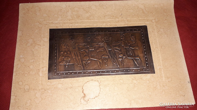 Antique copper thin industrial artist picture: folk dancers once decorative telegram on thick cardboard according to the pictures