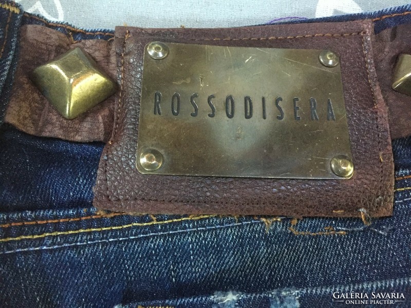 Rosso di sera worn women's long denim pants with shiny rhinestones and leather belt