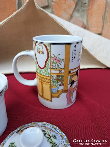 Gyönyörű kínai jelenetes teaszűrős szűrős  bögre teásbögre , Gyűjtői darab