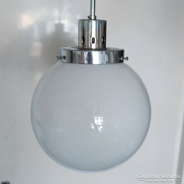 Bauhaus - art deco chrome ceiling lamp renovated - milk glass spherical shade